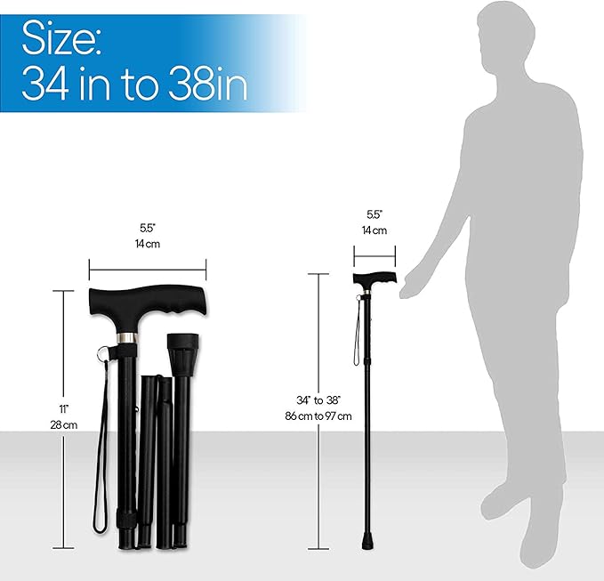 Folding Lightweight Walking Stick - Adjustable Aluminum Metal Collapsible Travel Cane with Non-Slip Rubber Base