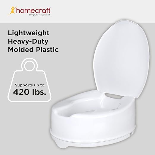 Homecraft Savanah Raised Toilet Seat with Lid, 6" Elevated Seat for Seniors, Universal Fit for Most Standard Toilets, Portable & Tool-Free, Seat Riser, Ergonomic Design, White