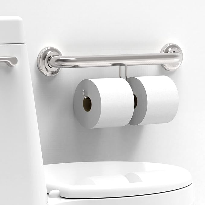 ADA Compliant Grab Bar with Toilet Paper Holder (2 Mega Rolls), 500lbs Weight Support, 1-1/4 x 16 inch for Stud Mount, Brushed Nickel