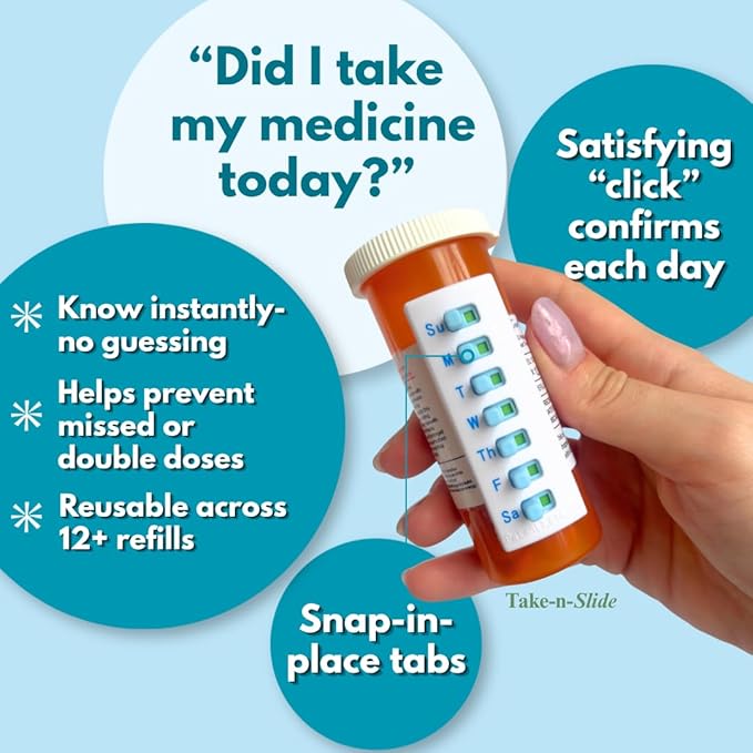 TAKE-N-SLIDE Peel and Stick Reusable for 12 + Refills, Pill/Medication/Vitamin/Pet Med Tracker & Reminder, Attach to Your Bottle, Organizer-Free, Curved‑Back (White, 2-Pack)