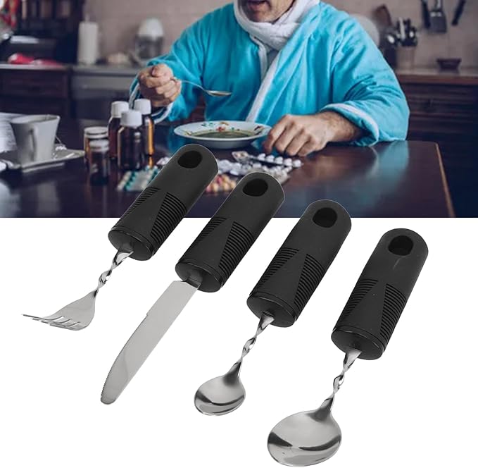 4PCS Adaptive Utensils for Hand Tremors, Weighted Silverware with Easy Grip Handles Arthritis Eating Utensils for Seniors Parkinson's Cutlery Set Stainless Steel Adaptive Utensils