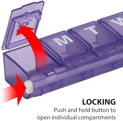 EZY DOSE Weekly (7-Day) Pill Case, Medicine Planner, Vitamin Organizer, Small Locking Compartments to Secure Prescription Medication and Prevent Accidental Spilling, Color May Vary, BPA Free