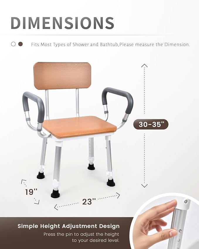 Sangohe Shower Chair for Inside Shower, Heavy Duty Shower Seat for Elderly and Disabled, 400 lbs, Wooden Seat Board and Back, Height Adjustable, 796D-A