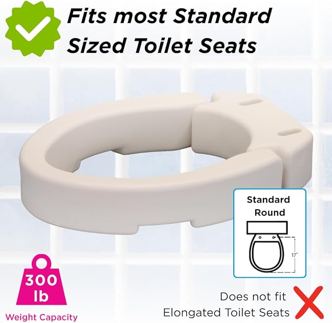 NOVA Medical Products Hinged Toilet Seat Riser, Lift Up and Down Raised Toilet Seat (For Under Seat), For Standard Seat, White, 1 Count (Pack of 1)
