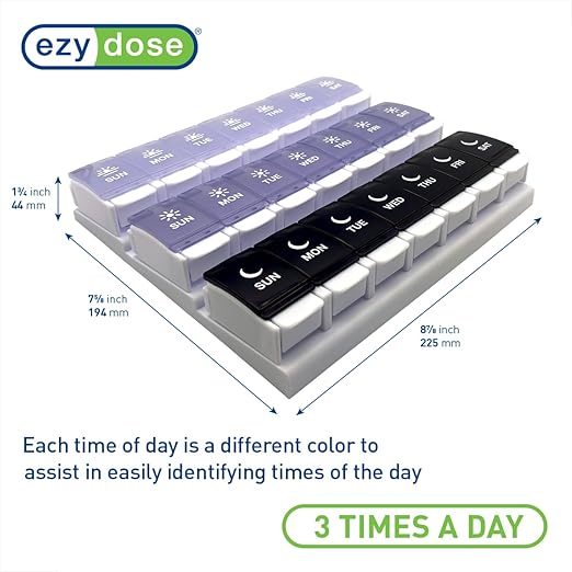 EZY DOSE Weekly (7-Day) Pill Case, Daily Medicine Planner, Vitamin Organizer Container, Large Push Button Compartments, Easy to Use, 3 Times a Day, Spring Open Design, Grayscale Lids, BPA Free