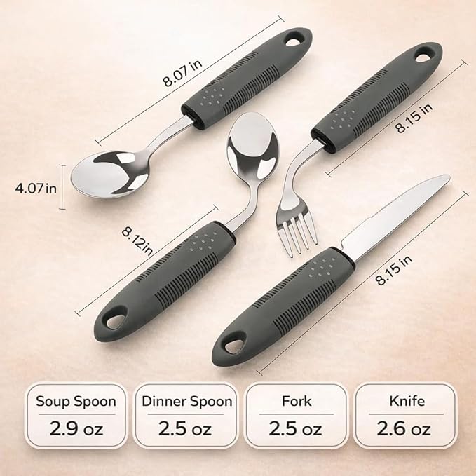 Adaptive Weighted Utensils 4 Piece Set, Non Slip Grip Silverware for Elderly Adults, Easy Hold Assistive Eating Tools for Seniors (Left-handed)