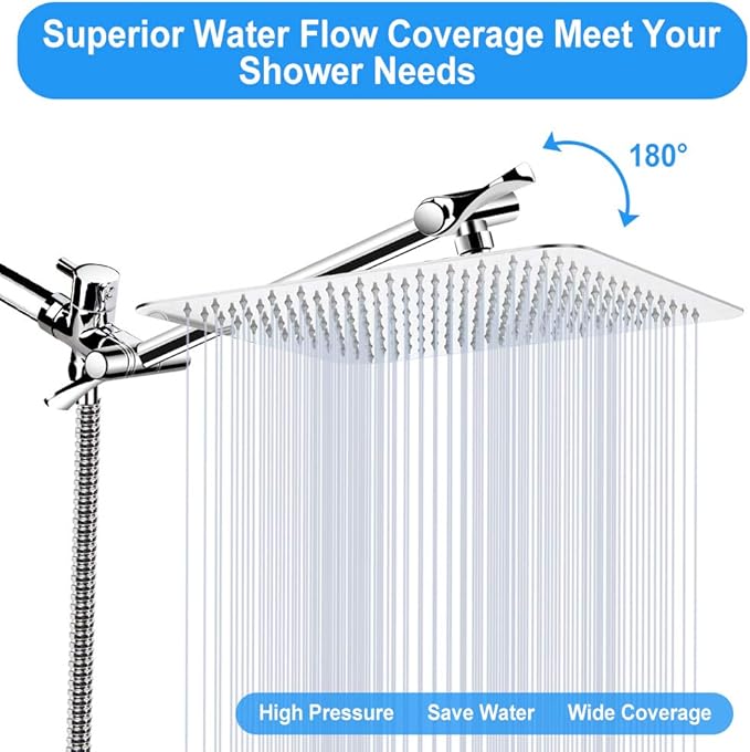 12'' Shower Head, High Pressure Rainfall Shower Head/Handheld Showerhead Combo with 11” Extension Arm, Anti-leak Shower Head with Holder/Hose, Flow Regulator - Chrome