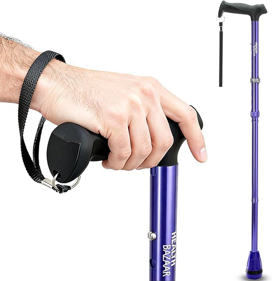 HEALTHBAZAAR All Terrain Walking Cane for Men & Women, Lightweight, Foldable, Adjustable, Shock Absorption, Collapsible Walking Stick for Seniors & Adults | HealthBazaar
