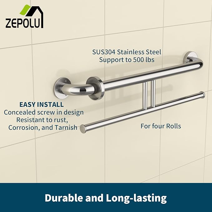 Chrome Double Toilet Paper Holder w/Safety Bar 24 inch, Zepolu 2-in-1 Assist Bar Balanced Support Handle, Stainless Steel Handrail Wall Mounted Bathroom Toilet Grab Bar for Senior Elderly Handicap