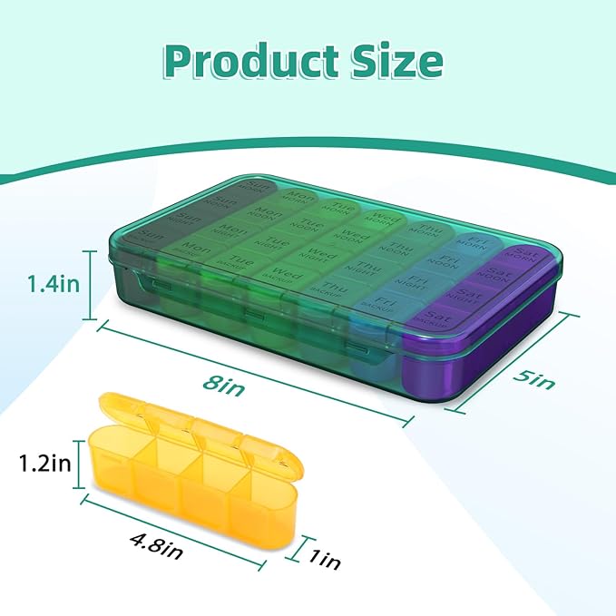 Daviky Pill Organizer 4 Times a Day, Weekly Pill Box Travel Pill Case, Daily Medicine Organizer 7 Day, Large Pill Container Holder to Hold Vitamins, Pills, Supplements (Cyan)