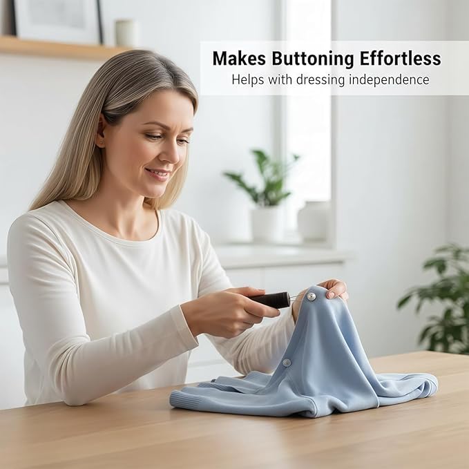 1 Pcs 2 in 1 Button Hook with Zipper Pull, One-Handed Button Assist Tool Wide Comfort Grip, Dressing Aid for Seniors, Limited Hand Dexterity & Weak Hands, Black