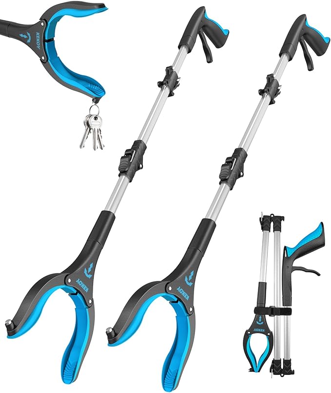 Kekoy 44 Inch Grabber Reacher Tool for Seniors 2 Pack, Foldable Reacher Grabbers Pickup Stick with Anti-Slip 360° Rotating Jaw, 4" Wide Extended Claw with Magnet for Disabled, After Surgery Recovery