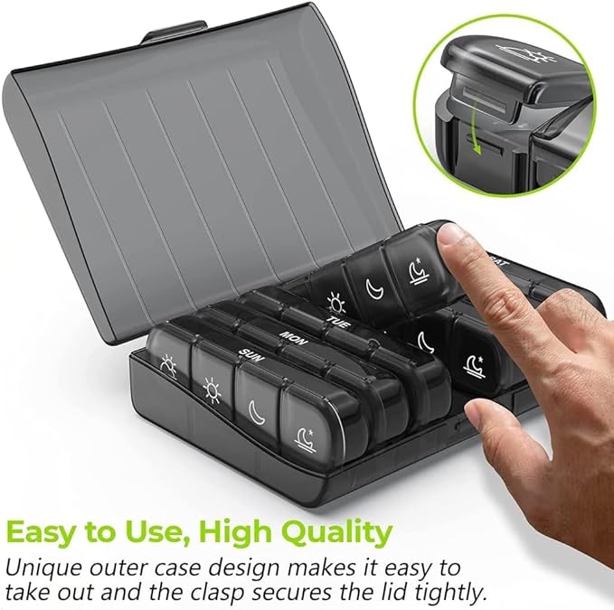 2 Pack Weekly Pill Organizer 4 Times a Day, Portable Travel Daily Pill Box 7 Day, 2 Week Medicine Holder Case for Fish Oil, Vitamin, Supplement