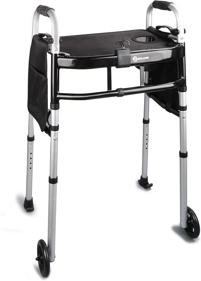 Folding Walker with Tray, 5" Wheels Lightweight Walkers for Seniors and Adults, Supports Up to 350 Pounds, Adjustable Height, Compact Standard Walker, Black