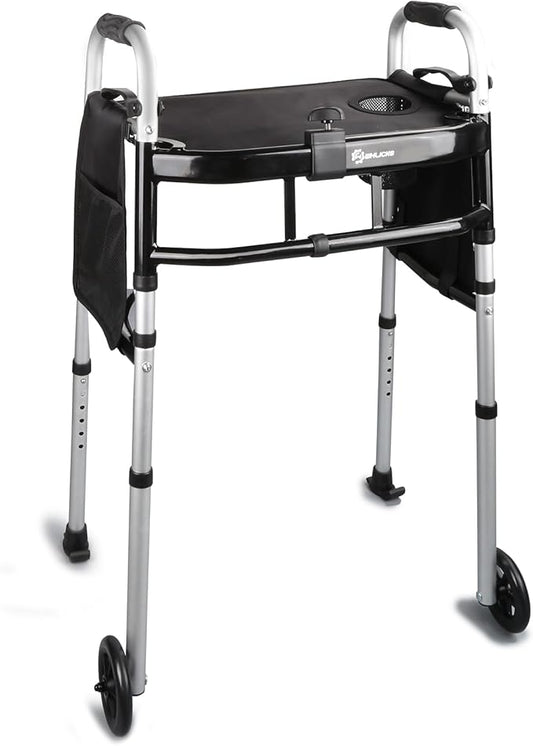 Folding Walker with Tray, 5" Wheels Lightweight Walkers for Seniors and Adults, Supports Up to 350 Pounds, Adjustable Height, Compact Standard Walker, Black