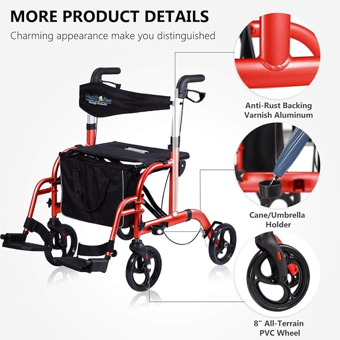 Health Line Massage Products 2 in 1 Rollator-Transport Chair w/Paded Seatrest, Reversible Backrest and Detachable Footrests, Cherry Red