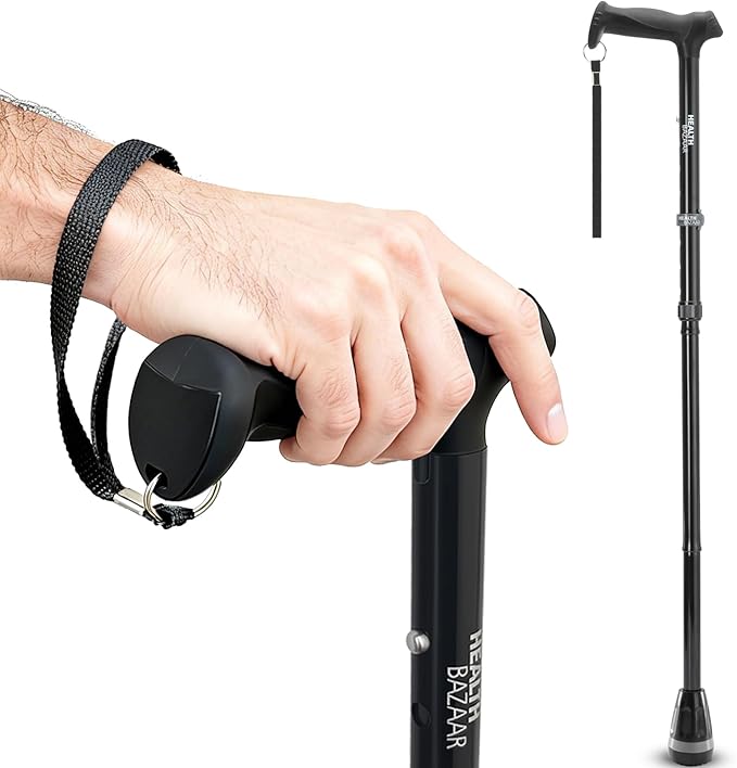 HEALTHBAZAAR All Terrain Walking Cane for Men & Women, Lightweight, Foldable, Adjustable, Shock Absorption, Collapsible Walking Stick for Seniors & Adults | HealthBazaar