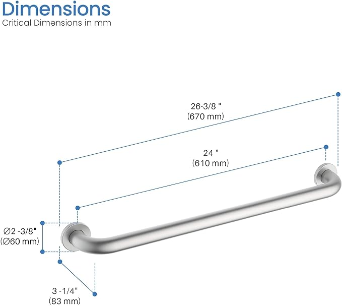 KIBI 24 Inch Curved Grab Bar for Bathroom Safety – Heavy-Duty Stainless Steel Anti-Slip Handrail for Seniors, Shower & Bathtub Assist, Wall Mounted Durable Rust-Resistant Brushed Nickel Finish