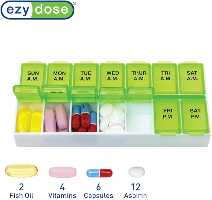 Ezy Dose Weekly (7-Day) Daily AM/PM Pill Organizer, Vitamin Planner, and Medicine Container, Case for Supplements and Fish Oils, Medium Compartments, 2 Times a Day, Green, BPA Free