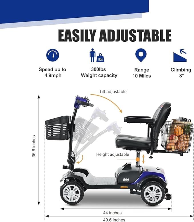 Mobility Scooter for Seniors and Adults M1 Blue, 300W Motor, 9” Solid Tires, Foldable Heavy Duty Electric Scooter, Comfortable Adjustable Seat with 360° Rotation, Portable for Travel