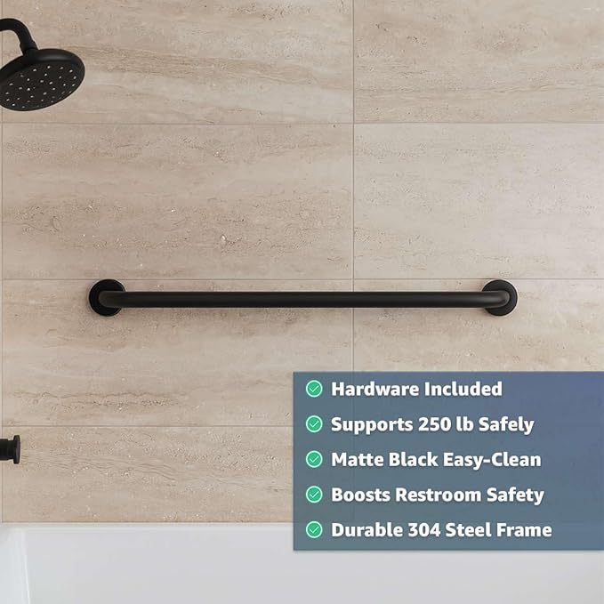 36" Stainless Steel Matte Black Restroom Grab Bar for Elderly - Wall Mounted Safety Rail, 250 lb Weight Support, Anti-Slip Handle for Toilet, Shower, Commercial & Home Bathroom