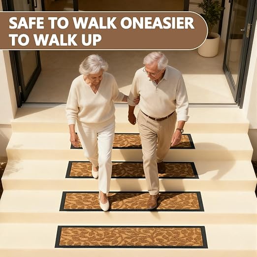 Stair Treads Outdoor for Wooden Steps, Non-Slip Rubber Brown Stair Runner Rugs, 2 Pcs 8.5" x 30" Heavy Duty Stair Mats for Outside Steps, Weatherproof Grip for Elders, Dogs & Kids, Yellow Leaves.