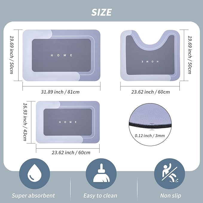Housego 3PCS Absorbent Bath Mat Magic Rug Sets, Quick Drying Bath Mat Non-Slip Floor Rug Rubber Backed for Bathroom Kitchen Shower Sink (16.9''x23.6''+19.7''x23.6''+19.7''x31.9'', Blue)