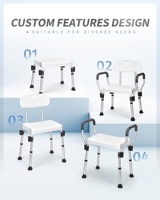 Sangohe Shower Chair, Heavy Duty Shower Seat with Back, Arms, Adjustable Height, Ideal for Bathtub, Handicap, Elderly, 796C