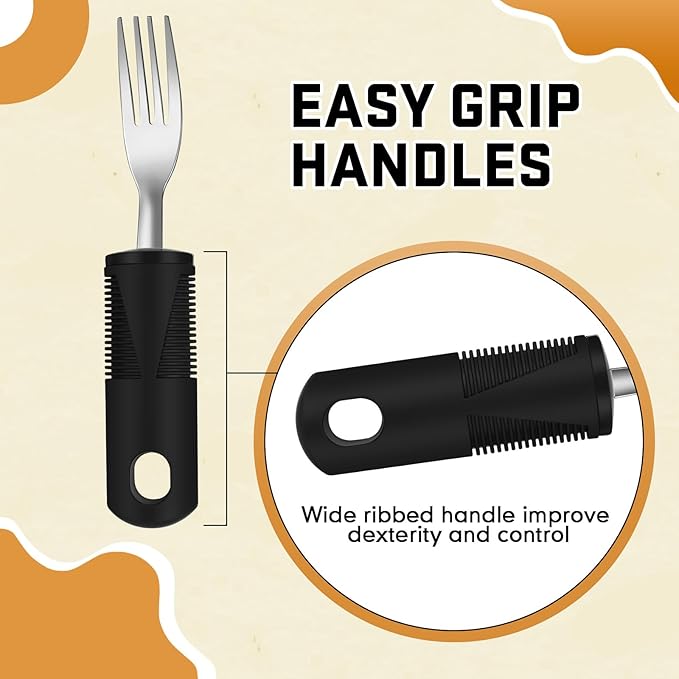 Uiifan 2 Set (10 Pcs) Adaptive Utensils for Hand Tremors, Elderly, Arthritis, Parkinsons Stainless Steel Easy Grip Handles Non Weighted Built up Utensils for Adults Hands Tremors Elderly, Black