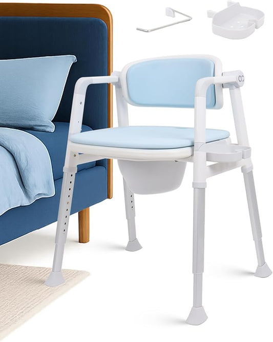 3-in-1 Bedside Commode Shower Chair with Liftable Arm Anti-Splash Bucket Extra-Wide Padded Adjustable Raised Toilet Seat for Seniors up to 300 lbs. Potty Chair for Toilet (Blue)