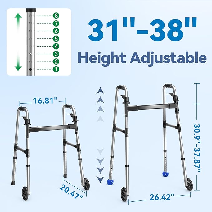 Loyoda Folding Walker with 2 Precut Tennis Balls, 5" Wheels Lightweight Walkers for Seniors and Adults, Supports Up to 350 Pounds, Adjustable Height, Compact Standard Walker