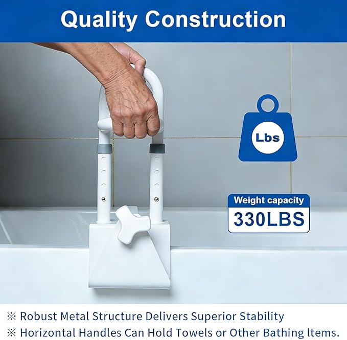 Adjustable Bathtub Safety Rail with Double Grip - Secure Tub Grab Bars for Seniors and Elderly, Fits 3" to 7" Wide Flat Tub Walls, Tool-Free Clamp On Bathroom Support Handle