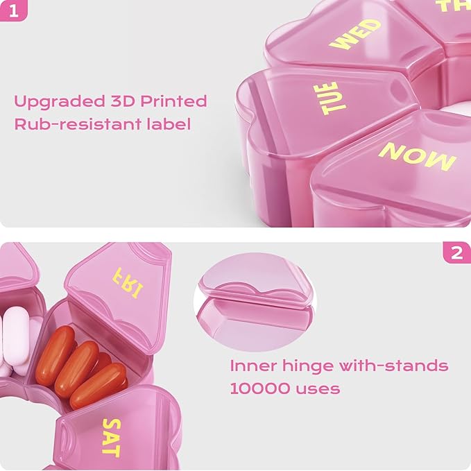 Pill Organizer Weekly - Cute Medicine Pill Organizer 7 Day, Large Daily Pill Box for Travel, SHIJOINYU Pill Dispenser Case 1 Time a Day for Medication/Supplement/Fish Oil (Pink)