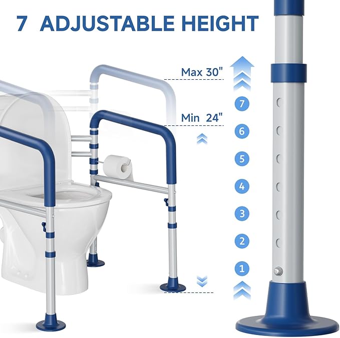 Loyoda Steel Toilet Safety Rail for Seniors with Adjustable Height and Width - 11.7lbs Heavy-Duty Foldable Toilet Handle for Toilet Support, Elderly and Accessibility Aid （Blue）