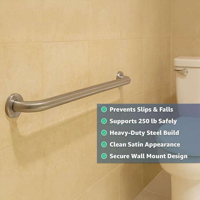 24″ Stainless Steel Grab Bar for Bathroom - Heavy-Duty Wall Mounted Safety Rail for Elderly, 250 lb Capacity Handrail for Toilet, Shower, Restroom, Commercial & Home Use