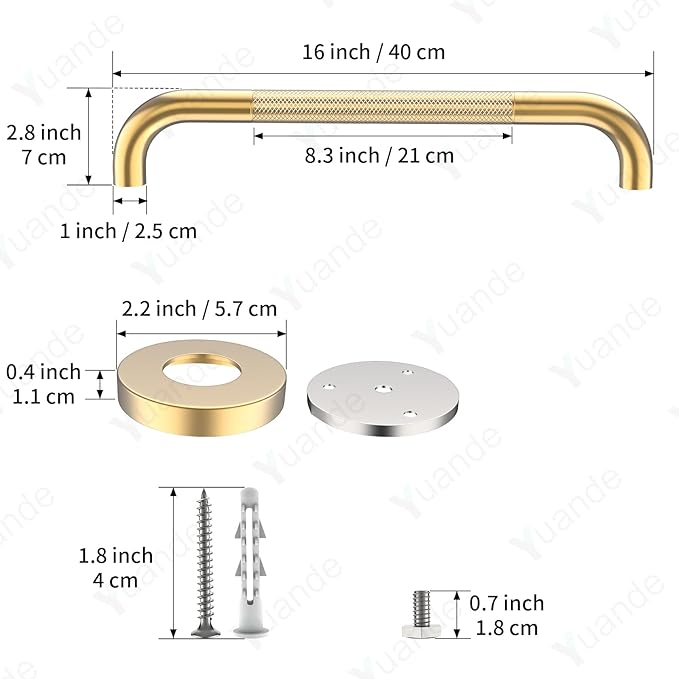 4 Pack 16 Inch Shower Grab Bar, YuanDe Gold Bathroom Grab Bar Handle w/Anti-Slip Knurled Grip, Stainless Steel Bath Balance Bar, 1" Diameter Safety Hand Rail Support,Handicap Injury Elderly Senior