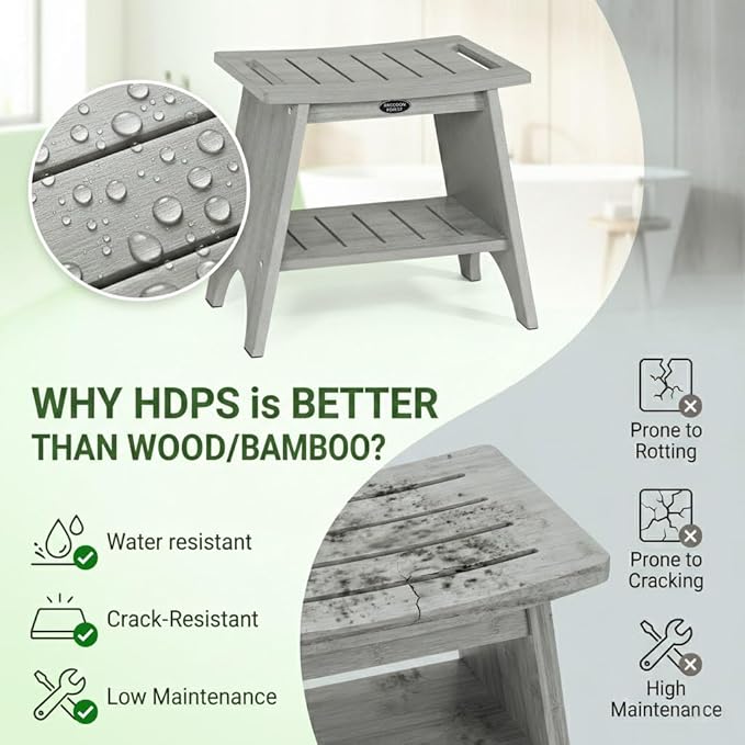 HDPS Shower Benches for Inside Shower to Sit on, Waterproof Shower Chair with Storage Shelf, Heavy Duty 500-lb Shower Seat, Shower Stool for Shaving Legs, Indoor/Outdoor Use, Grey