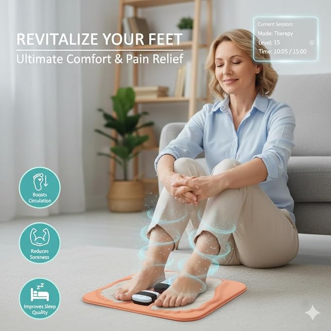 FDA Cleared TENS EMS Foot Massager Pad for Neuropathy, Circulation & Cold Feet | Foldable Rechargeable Pain Relief Mat with Remote | 2-Year Warranty (Orange)