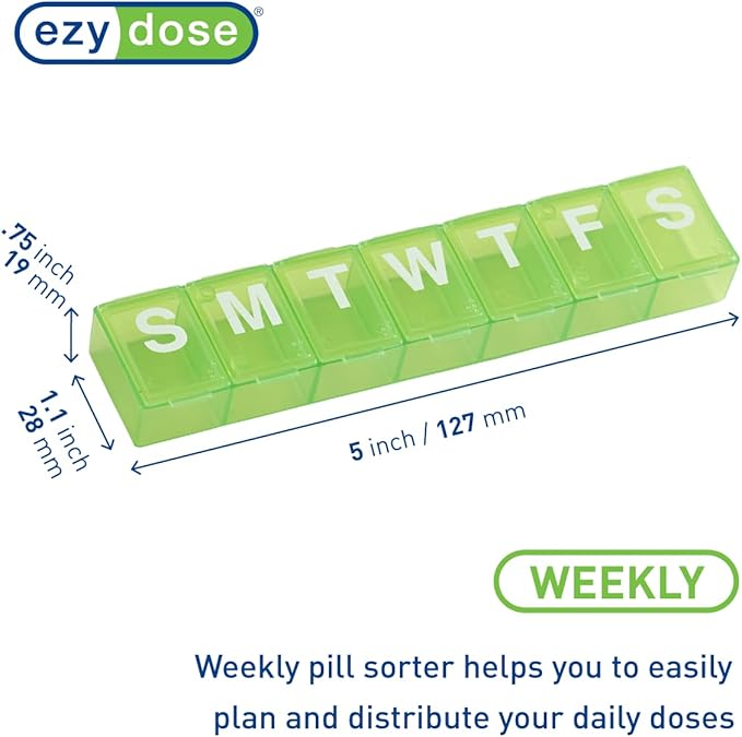 EZY DOSE Weekly (7-Day) Daily Pill Organizer, Vitamin Planner, Medicine Container, Case for Supplements and Fish Oils, Convenient and Easy to Use, Medium Compartments, Travel Friendly, Green, BPA Free