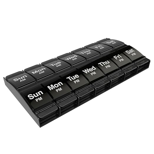 EZY DOSE Push Button (7-Day) Pill Case, Medicine Planner, Vitamin Organizer, 2 Times a Day, AM/PM Container, X-Large Compartments, Arthritis Friendly, Easy to Use, Transparent Lids, Black, BPA Free