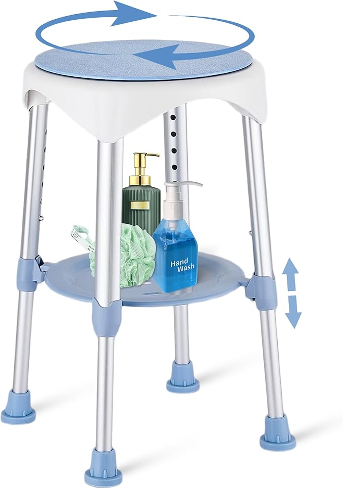 Shower Stool with Storage Tray, Height Adjustable Rotating Shower Chair for Seniors and Adults, 360° Swivel Tub Transfer Bench for Bathroom and Inside Shower (Blue)
