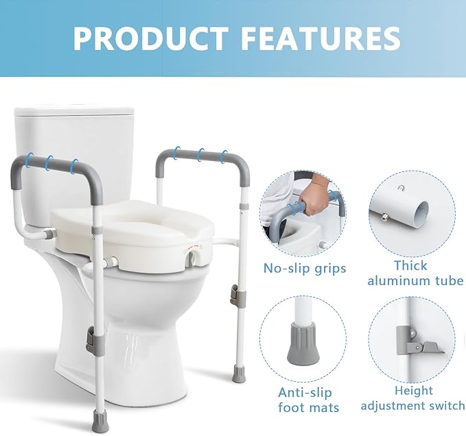 WeHwupe Raised Toilet Seat with Handles for Elderly - Toilet Seat Risers for Seniors with Adjustable Padded Arms - Elevated Toilet Safety Seat for Standard or Elongated Commode