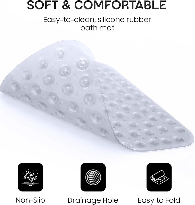 ADOV Corner Shower Mat Non Slip, 21x21 inch Curved Shower Mats for Inside Shower, Anti-Slip Bath Mat with Strong Suction Cup, Drain Holes, Machine Washable, Ideal for the Elderly (Clear)