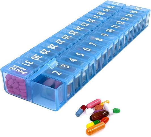 XL Monthly Pill Organizer, Once-a-Day 31-Day Medication Storage Box w/Removable Lid, Extra Compartment for Additional Pills, BPA-Free (XL Blue – 1 Count)