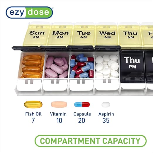 EZY DOSE Push Button (7-Day) Pill Case, Medicine Planner, Vitamin Organizer, 2 Times a Day, AM/PM Container, X-Large Compartments, Arthritis Friendly, Easy to Use, Clear Lids, Blue/Yellow, BPA Free