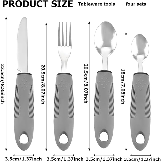 Adaptive Utensils Set for Elderly & Arthritis - 4Pcs Lightweight Stainless Steel Silverware for Weak Hand Grip, Tremors and Handicapped