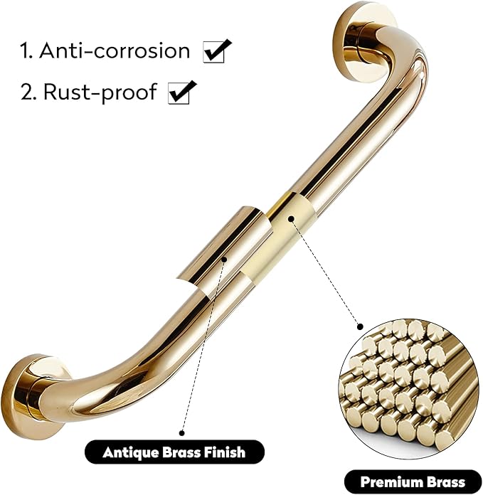 WINCASE Gold Grab Bars for Shower, Bath Tub Shower Handle, Toilet Handrail 12 inch Solid Brass for Safety with Concealed Screw