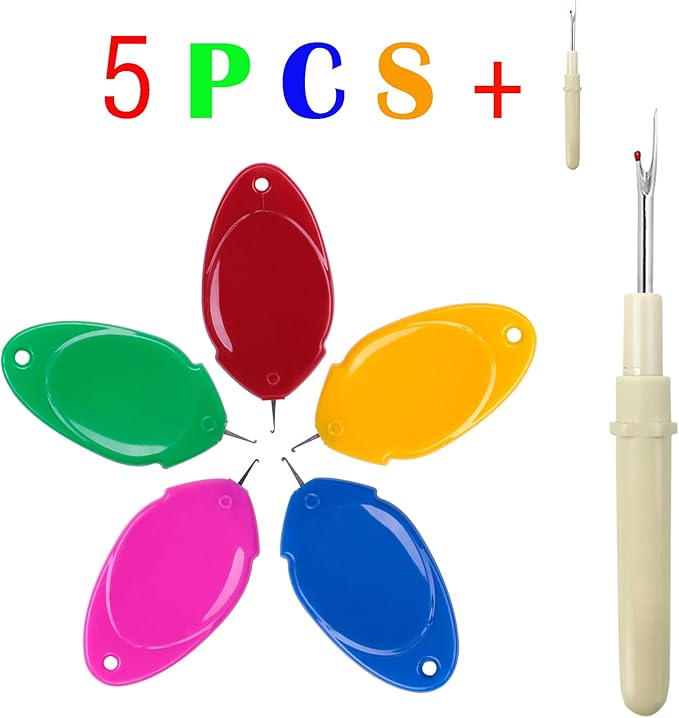 meeggrace Needle Threader, Seam Ripper,Small Needle Eye Threader Tool, Easy Threader for Machine and Hand Sewing, Fast and Precise Threading and Unthreading, Ideal for Needlework(5PCS+1)