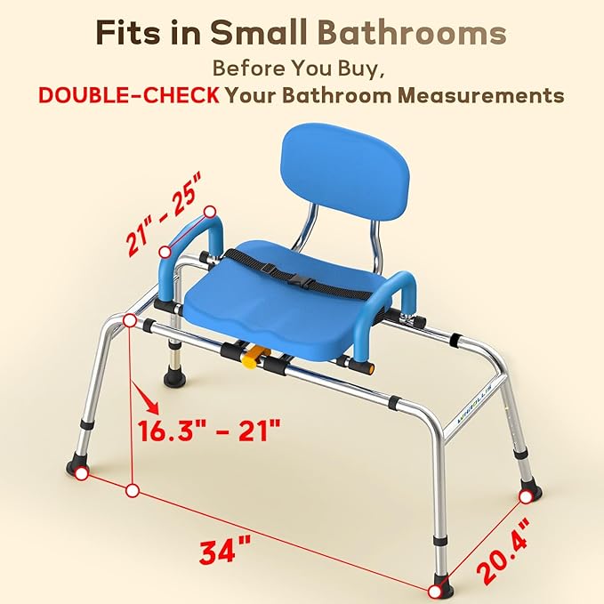 Sliding Shower Chair with Swivel Seat for Tub – 450lbs Bariatric 360° Rotating Bathtub Transfer Bench Inside Shower, Adjustable Height & Width Bath Chairs for Adults Seniors Elderly and Disabled
