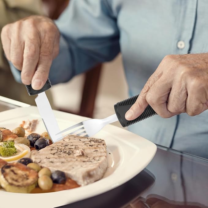 Adaptive Utensils 4-Piece Set - Weighted Utensils for Hand Tremors, Elderly, Stainless Steel Fork, Knife, Spoon Silverware Set